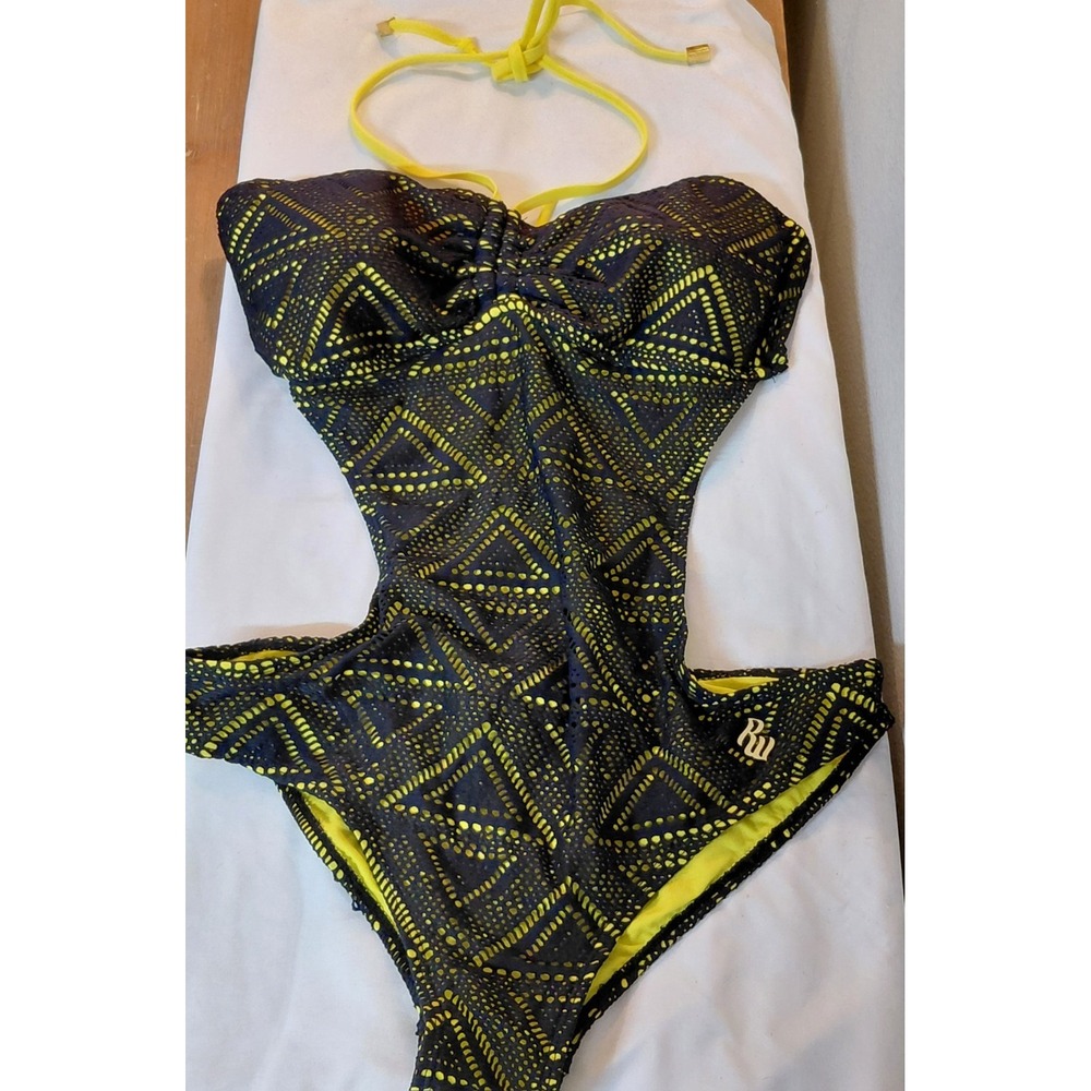 Rocawear Geometric Crochet Monokini Swimsuit One Piece Cutout Size Large Neon